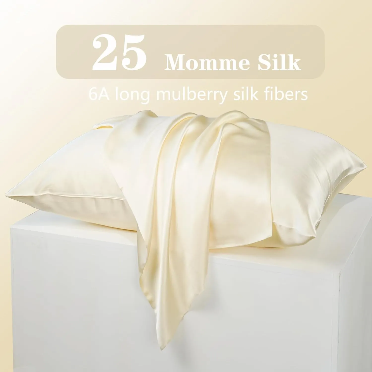 100% Pure Mulberry Silk Pillowcase for Hair and Skin Face - Both Sides 25 Momme Grade 6A with Hidden Zipper Ultra-Soft and Breathable 1Pc Gifts for Women Men (Creamy White, Standard 20"×26")
