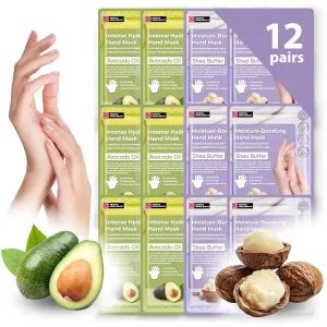 12 Pairs Original Derma Beauty Hand Mask Bulk Moisturizing Hand Gloves for Dry Hands Nail Care Essential (Shea Butter   Avocado)