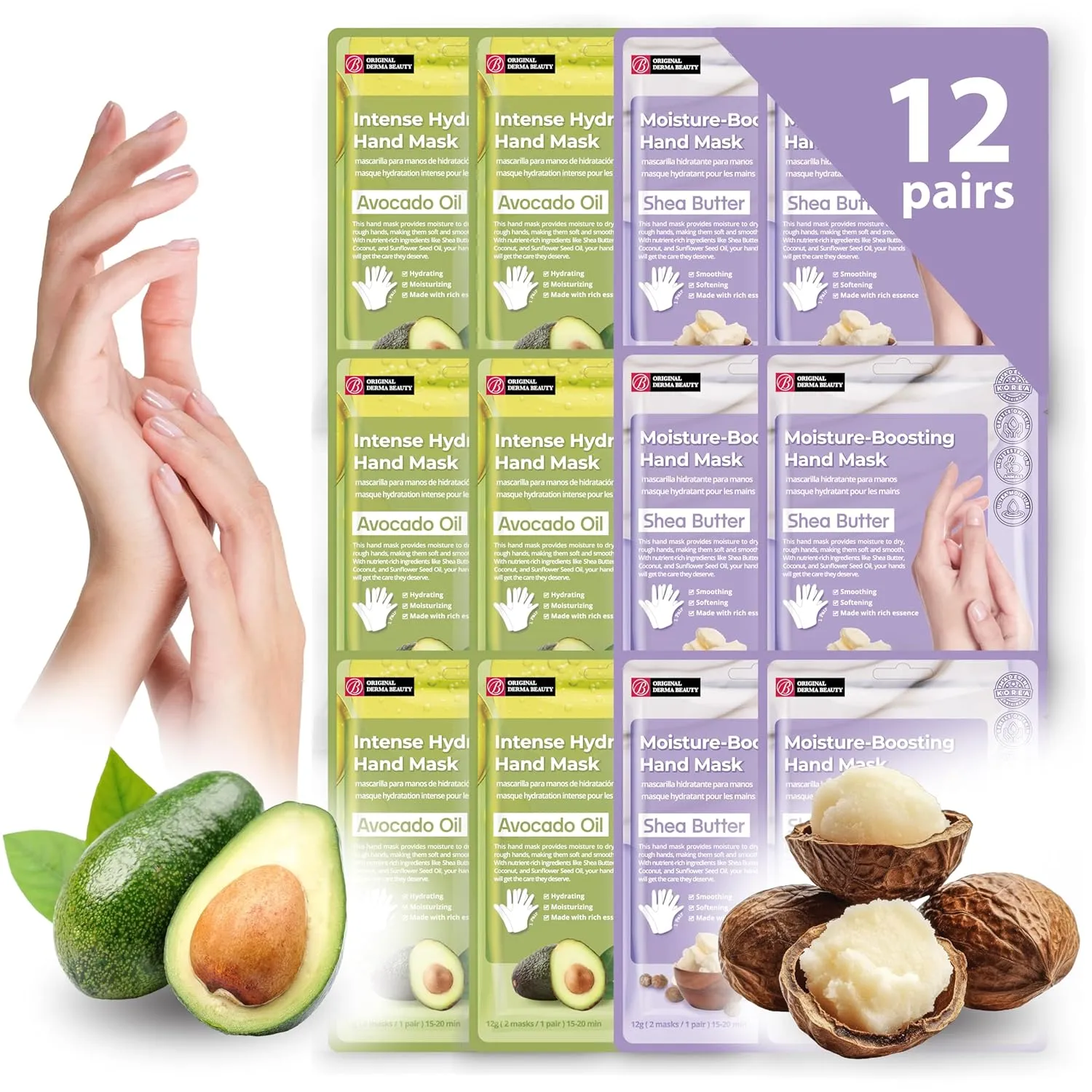 12 Pairs Original Derma Beauty Hand Mask Bulk Moisturizing Hand Gloves for Dry Hands Nail Care Essential (Shea Butter   Avocado)