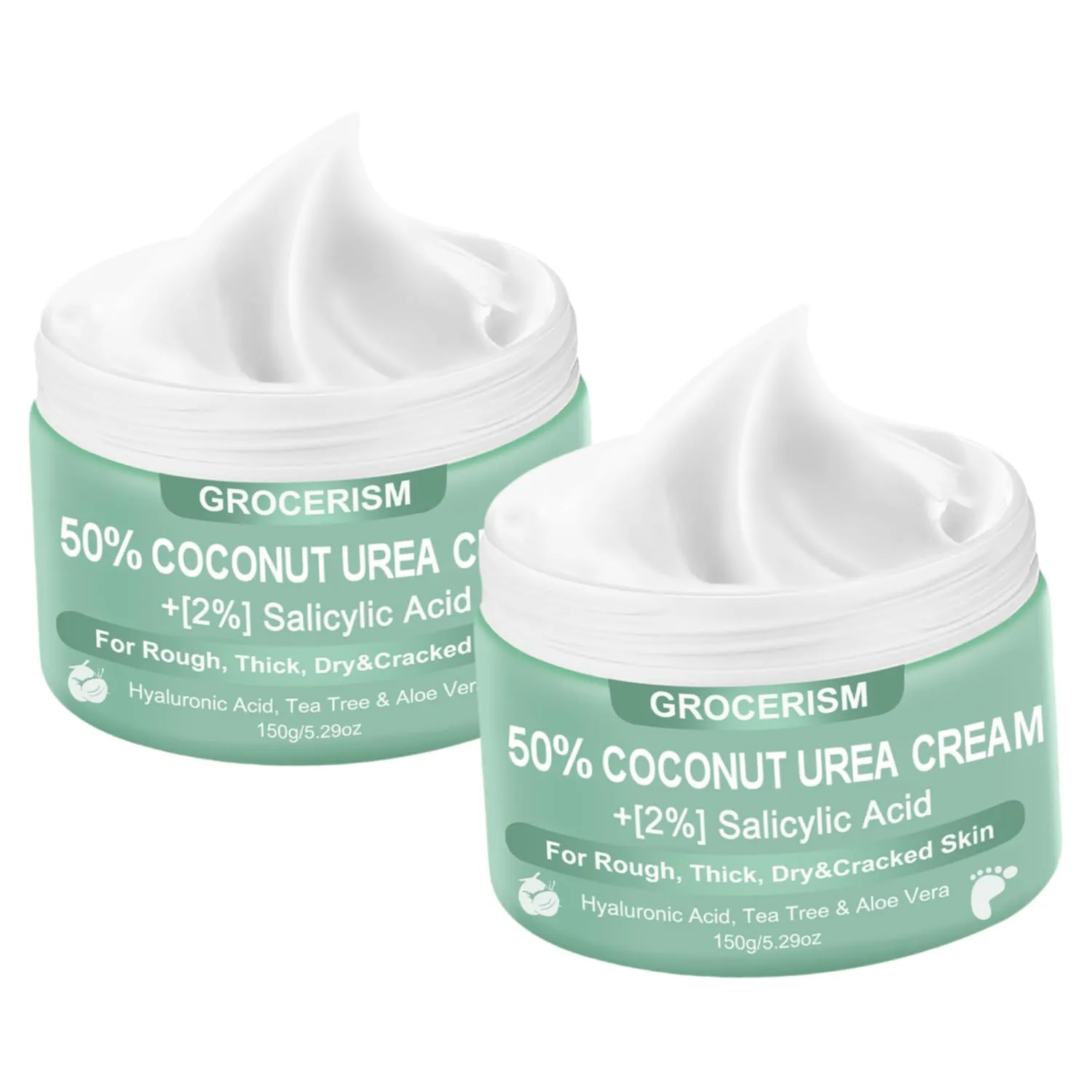 2 Packs Urea Cream 50 Percent for Feet 5.29 oz with Coconut and 2% Salicylic Acid, Foot & Hand Cream included Hyaluronic Acid, Tea Tree and Aloe Vera for Deep Moisturizing, Callus Removing