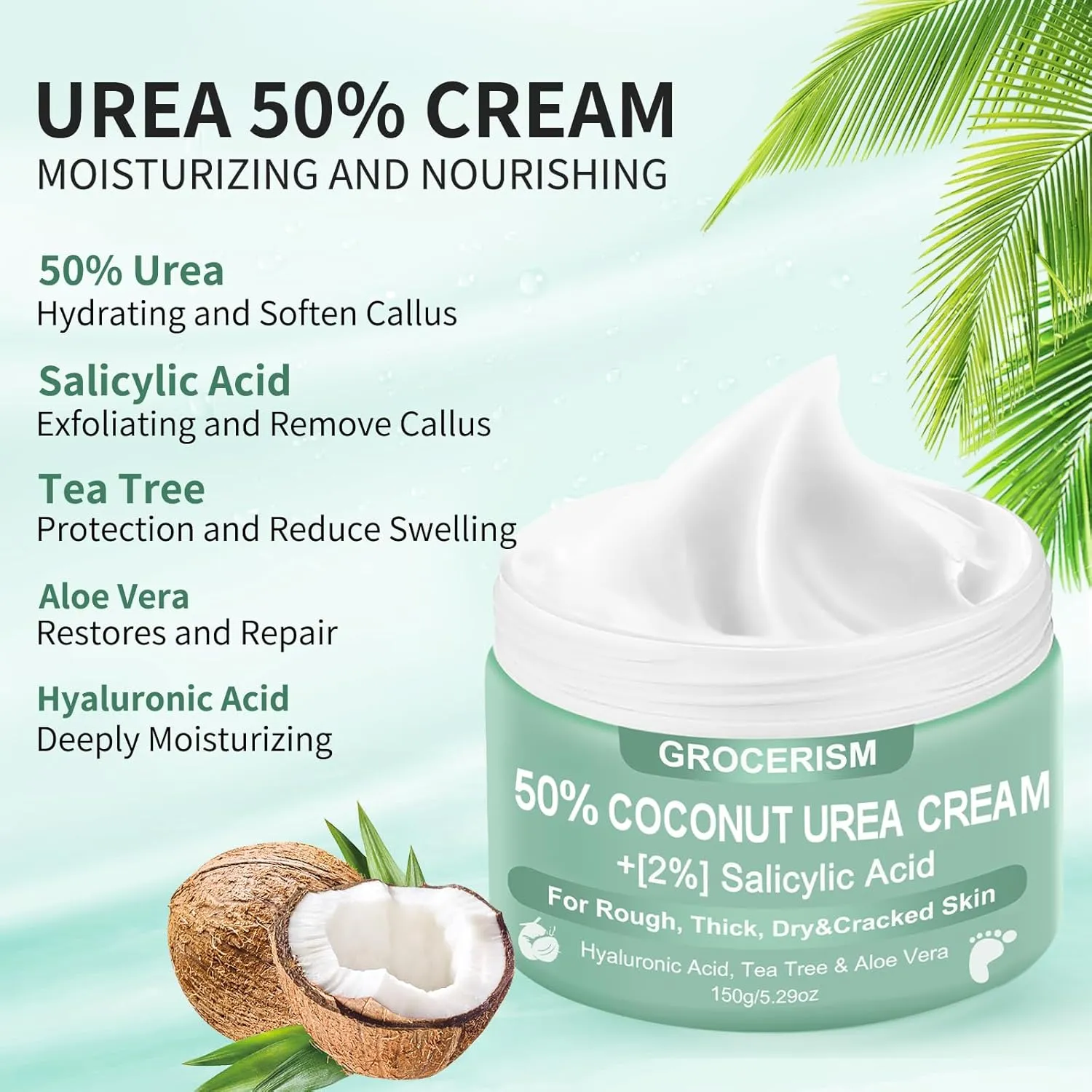2 Packs Urea Cream 50 Percent for Feet 5.29 oz with Coconut and 2% Salicylic Acid, Foot & Hand Cream included Hyaluronic Acid, Tea Tree and Aloe Vera for Deep Moisturizing, Callus Removing