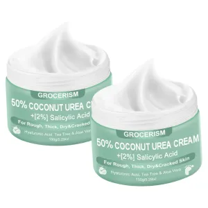 2 Packs Urea Cream 50 Percent for Feet 5.29 oz with Coconut and 2% Salicylic Acid, Foot & Hand Cream included Hyaluronic Acid, Tea Tree and Aloe Vera for Deep Moisturizing, Callus Removing