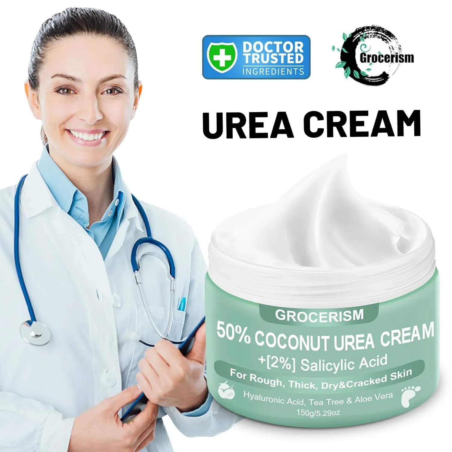 2 Packs Urea Cream 50 Percent for Feet 5.29 oz with Coconut and 2% Salicylic Acid, Foot & Hand Cream included Hyaluronic Acid, Tea Tree and Aloe Vera for Deep Moisturizing, Callus Removing