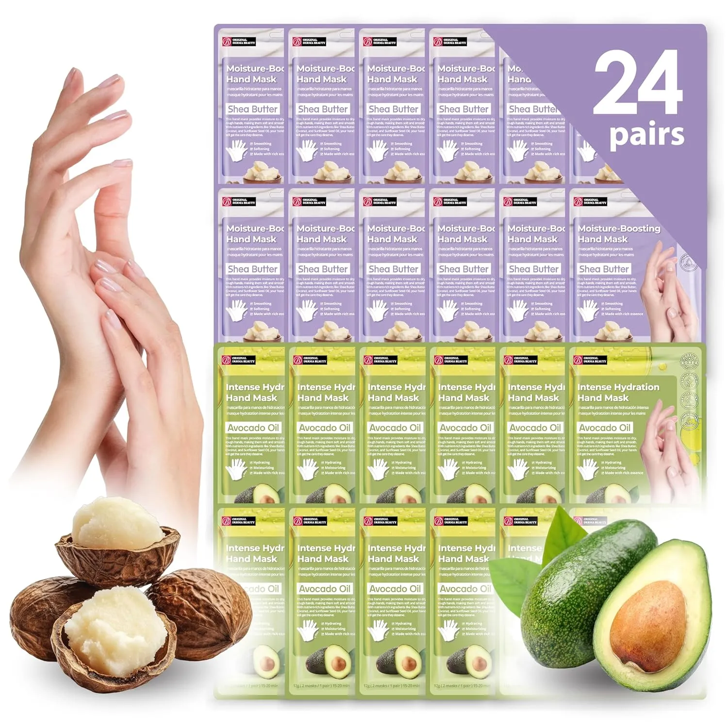 24 PK Original Derma Beauty Hand Mask Bulk Moisturizing Hand Gloves for Dry Hands Nail Care Essential, Best Mother's Day Gift Idea, Self Care Women Gift (Shea Butter   Avocado)