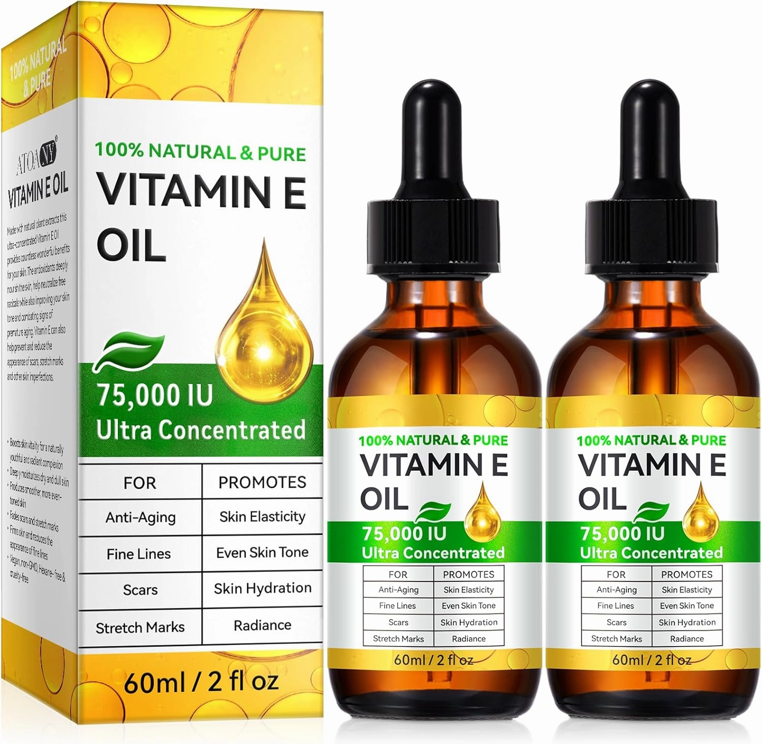 2Pack Vitamin E Oil Blend 75,000 IU, Pure and Natural Body Oil, Premium Grade Essential Oils for Skin Moisturizing, Anti-Aging, 4 Oz