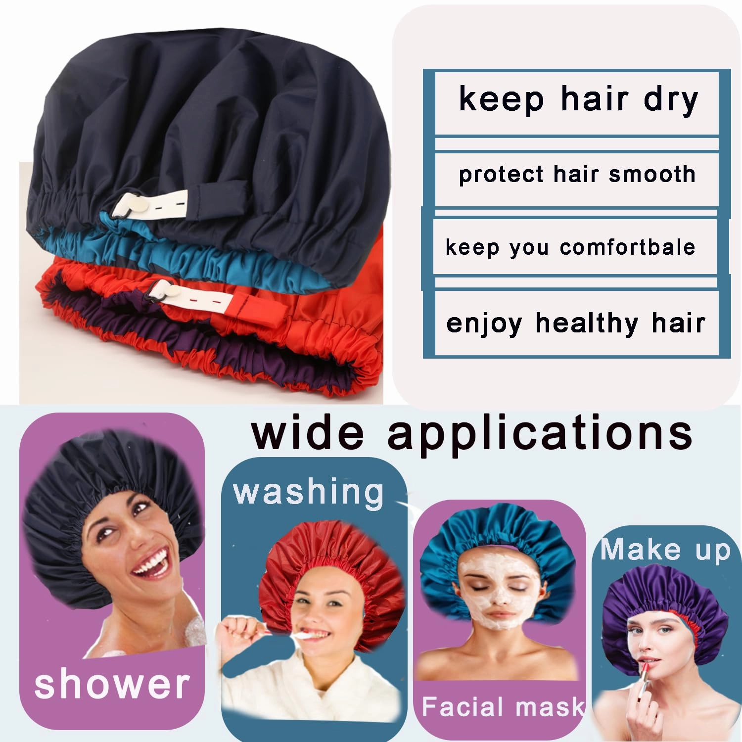 2Pcs Genergy Reusable Shower Cap Waterproof, Adjustable Shower Caps for Women, Luxury Baths Cap with Satin Interior, Extra Large, Two Layers, Reversible Elastic Hair Cap (Dark blue Red)