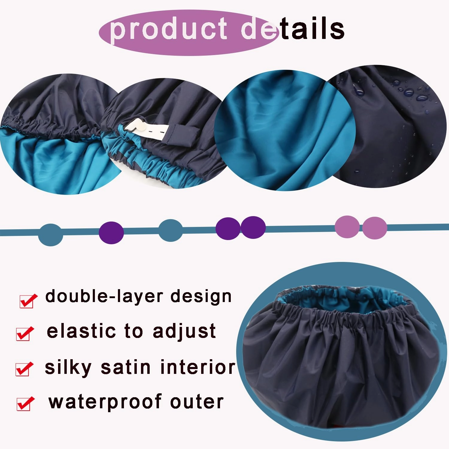 2Pcs Genergy Reusable Shower Cap Waterproof, Adjustable Shower Caps for Women, Luxury Baths Cap with Satin Interior, Extra Large, Two Layers, Reversible Elastic Hair Cap (Dark blue Red)