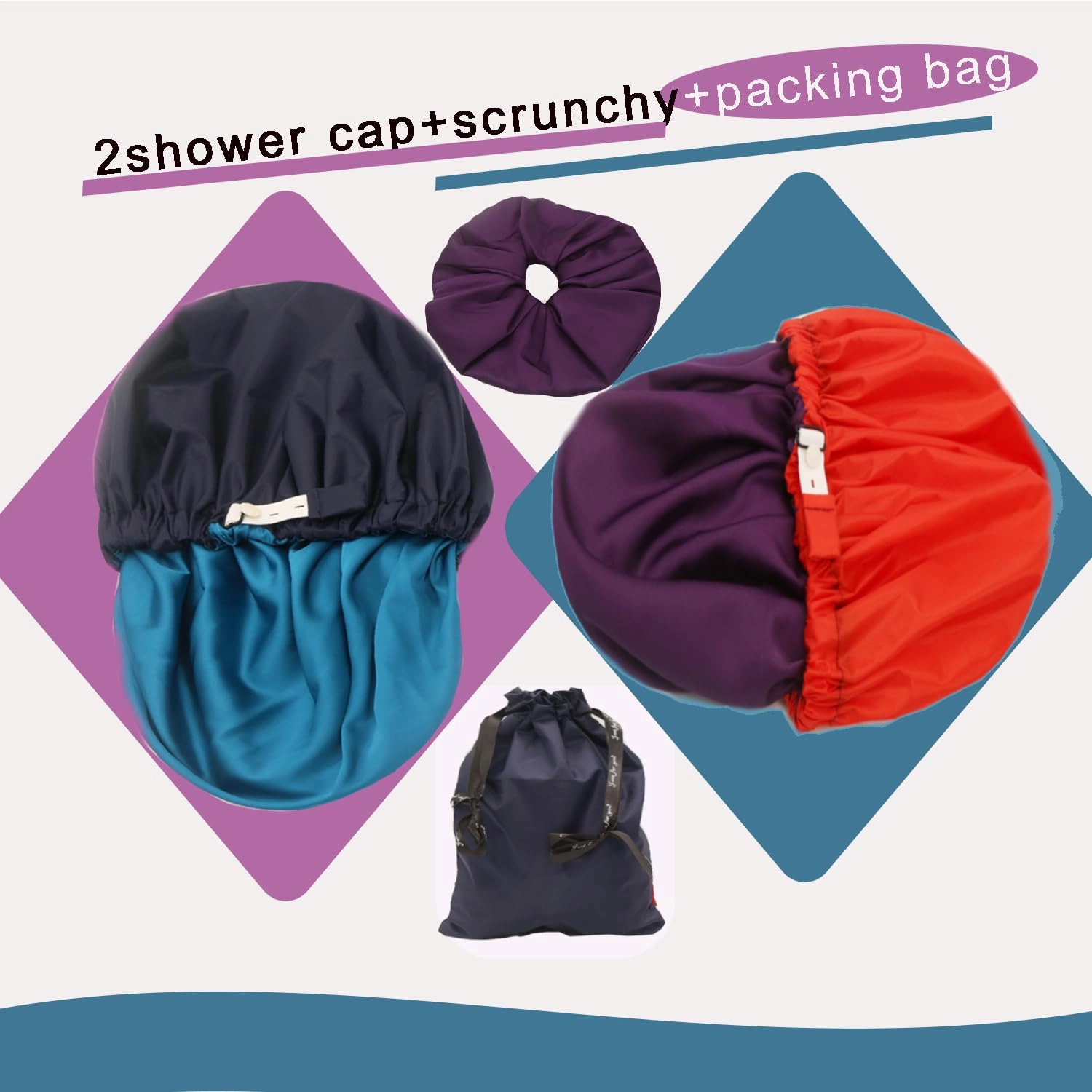 2Pcs Genergy Reusable Shower Cap Waterproof, Adjustable Shower Caps for Women, Luxury Baths Cap with Satin Interior, Extra Large, Two Layers, Reversible Elastic Hair Cap (Dark blue Red)