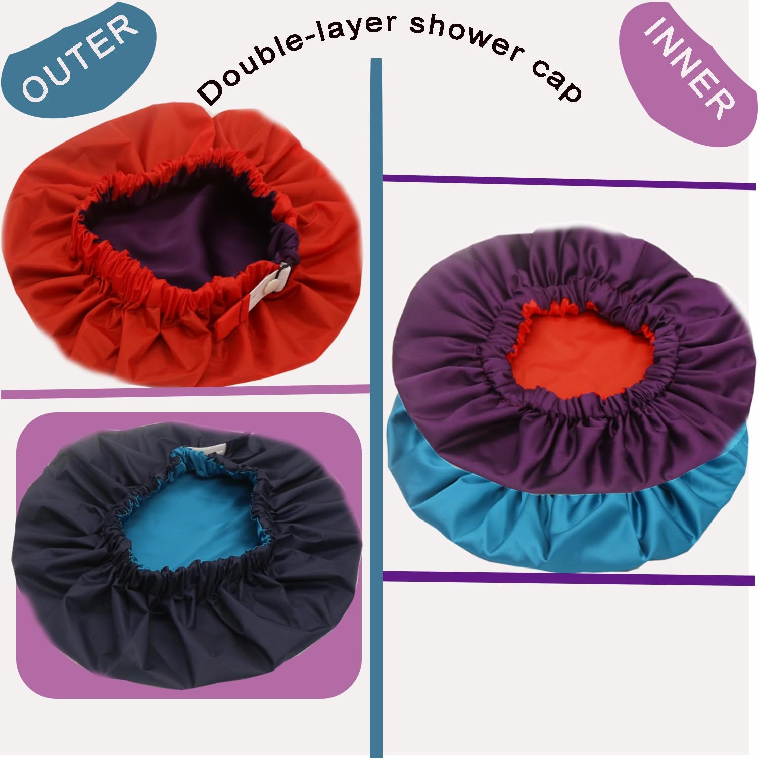 2Pcs Genergy Reusable Shower Cap Waterproof, Adjustable Shower Caps for Women, Luxury Baths Cap with Satin Interior, Extra Large, Two Layers, Reversible Elastic Hair Cap (Dark blue Red)