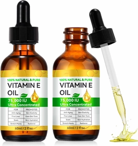 2PCS Vitamin E Oil for Skin Blend 75,000 IU, Natural Organic Vitamin E oil for Scars, Hair & Face (2 Fl Oz) - Non GMO, Cold Pressed, Cruelty Free Skin Repair & Moisturizing Solution, Easy to Absorbed