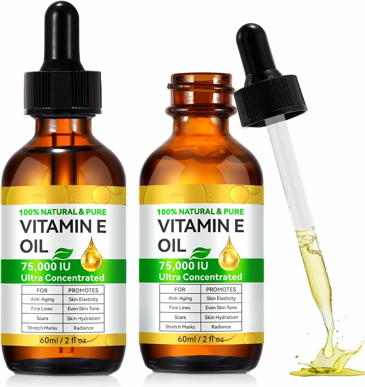 2PCS Vitamin E Oil for Skin Blend 75,000 IU, Natural Organic Vitamin E oil for Scars, Hair & Face (2 Fl Oz) - Non GMO, Cold Pressed, Cruelty Free Skin Repair & Moisturizing Solution, Easy to Absorbed
