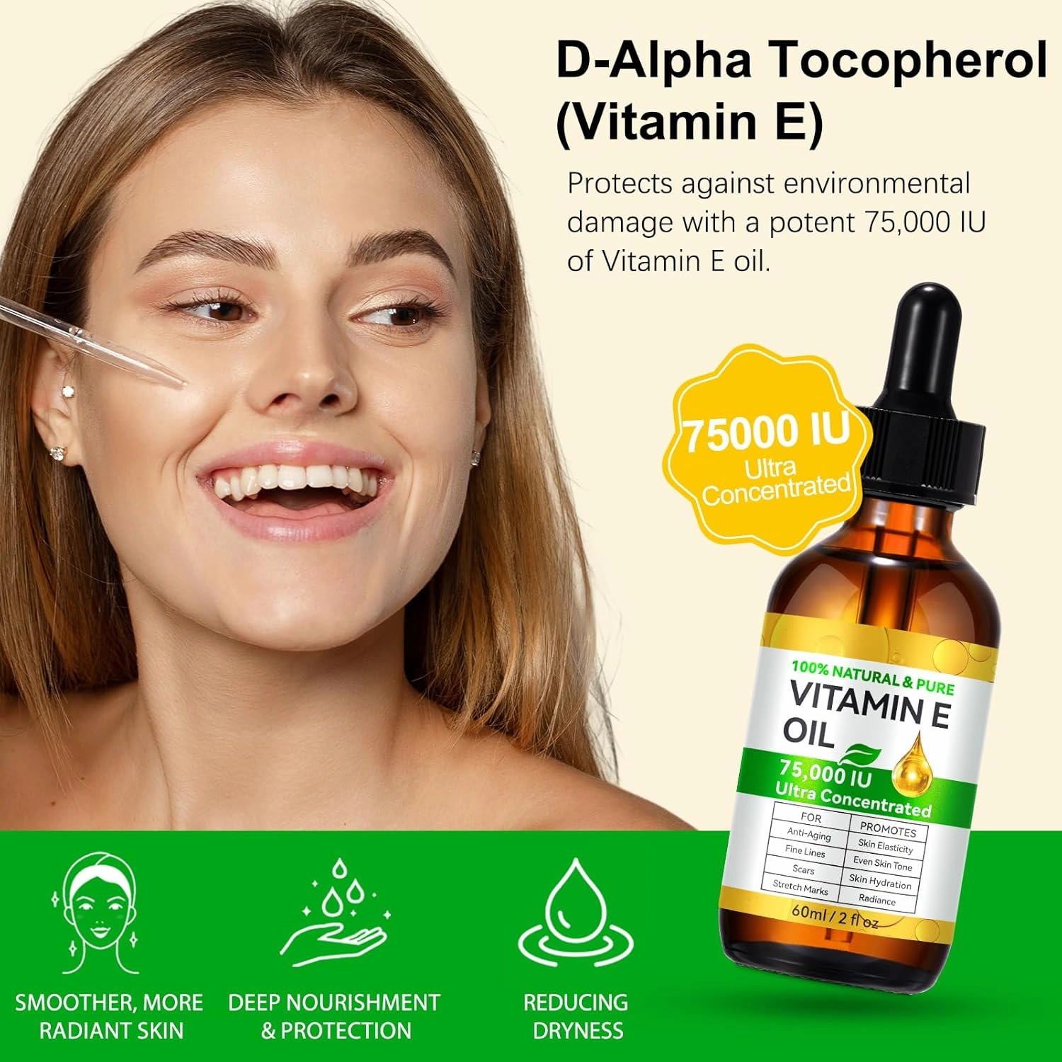 2PCS Vitamin E Oil for Skin Blend 75,000 IU, Natural Organic Vitamin E oil for Scars, Hair & Face (2 Fl Oz) - Non GMO, Cold Pressed, Cruelty Free Skin Repair & Moisturizing Solution, Easy to Absorbed