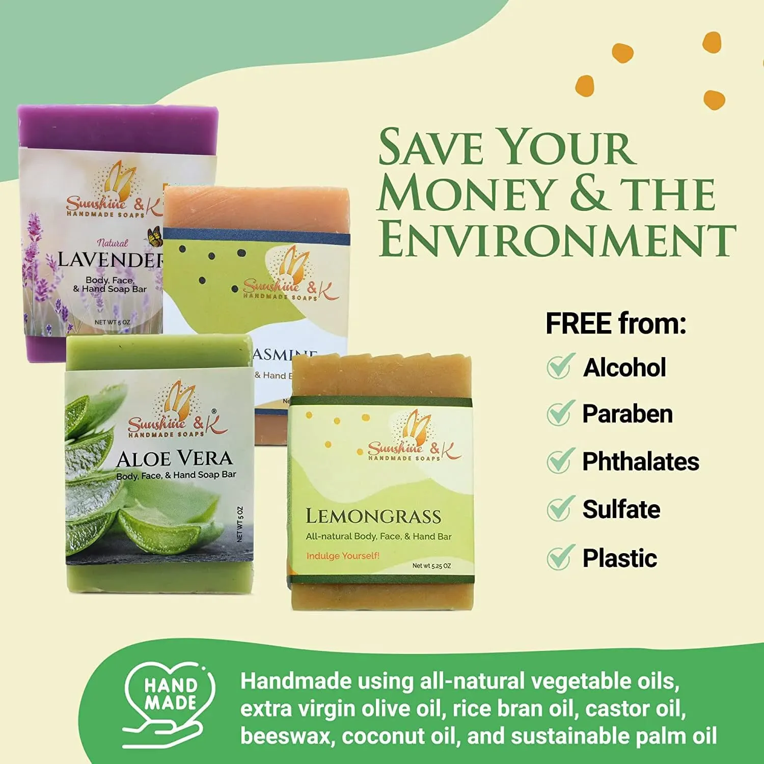 4 Fresh Scents Set - Body & Hand Soap Bar, Handmade Bath Soap, Moisturizing Bar Soap, Aloe Vera, Lavender, Neroli Jasmine, & Lemongrass Soap Bars, 20 oz, Sunshine & K Handmade Soaps