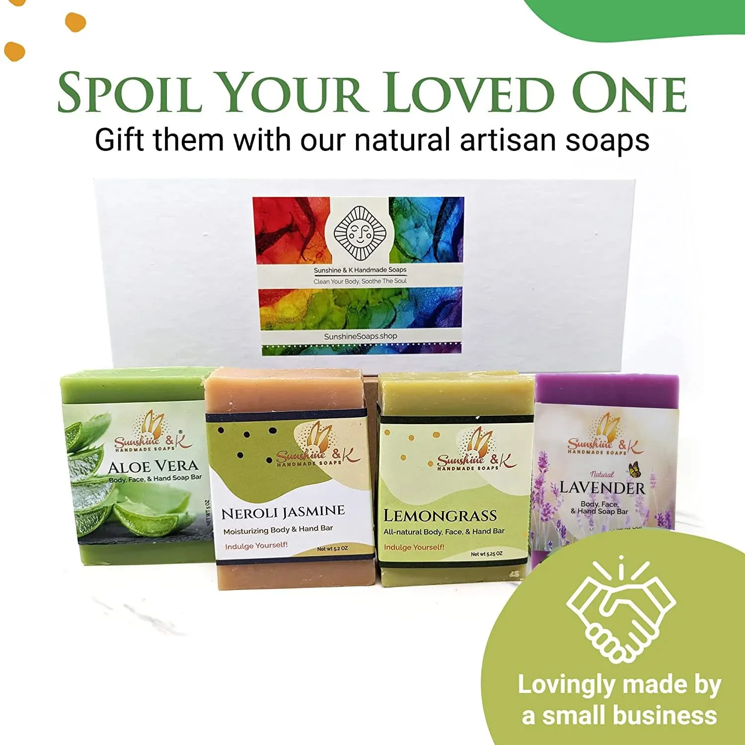 4 Fresh Scents Set - Body & Hand Soap Bar, Handmade Bath Soap, Moisturizing Bar Soap, Aloe Vera, Lavender, Neroli Jasmine, & Lemongrass Soap Bars, 20 oz, Sunshine & K Handmade Soaps