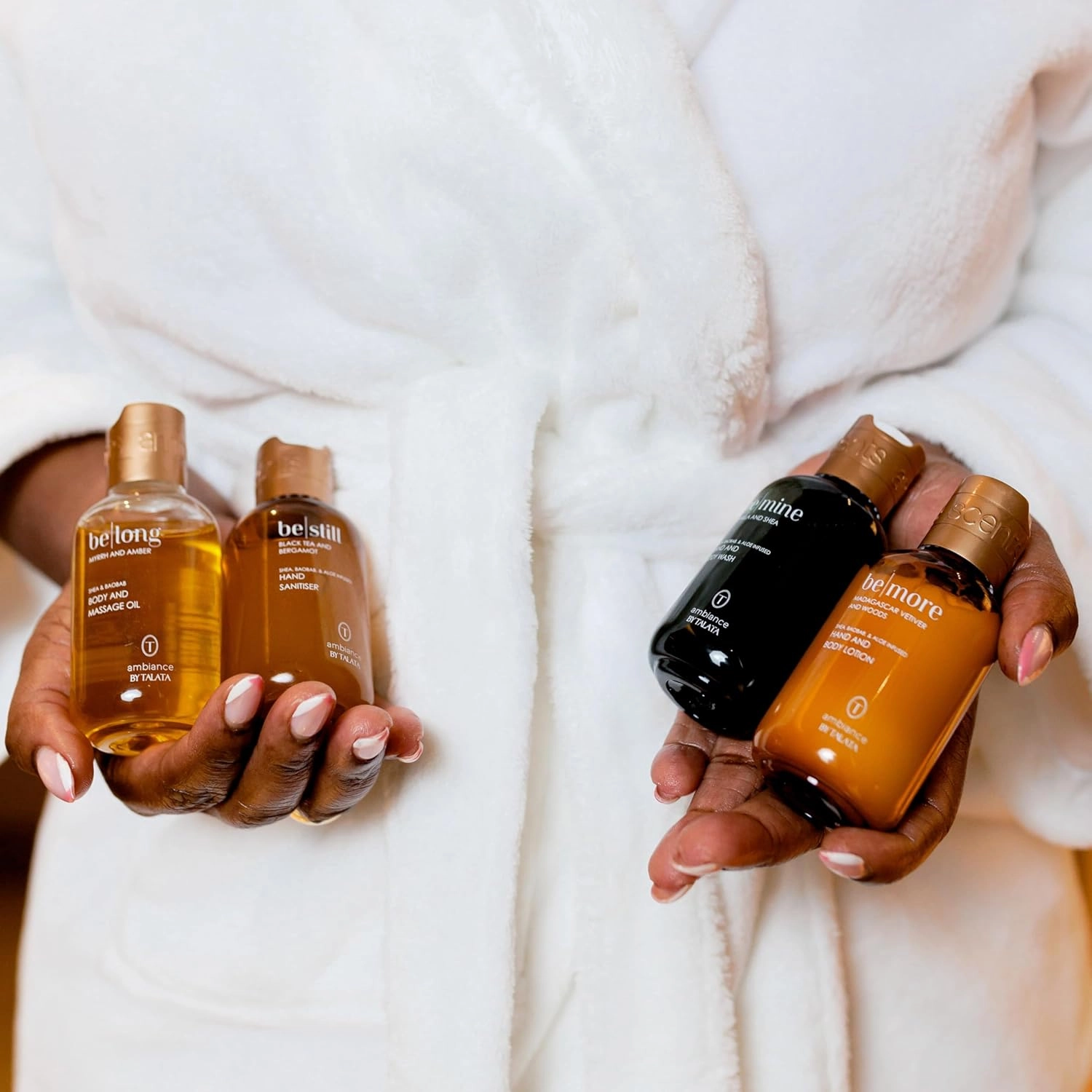 4pc Travel Essentials & Discovery Set - Body Lotion, Oil, Wash, Hand Sanitizing Gel - 4 x 80ml Bottles (2.67 Fl Oz, Vanilla & Shea | BE MINE)