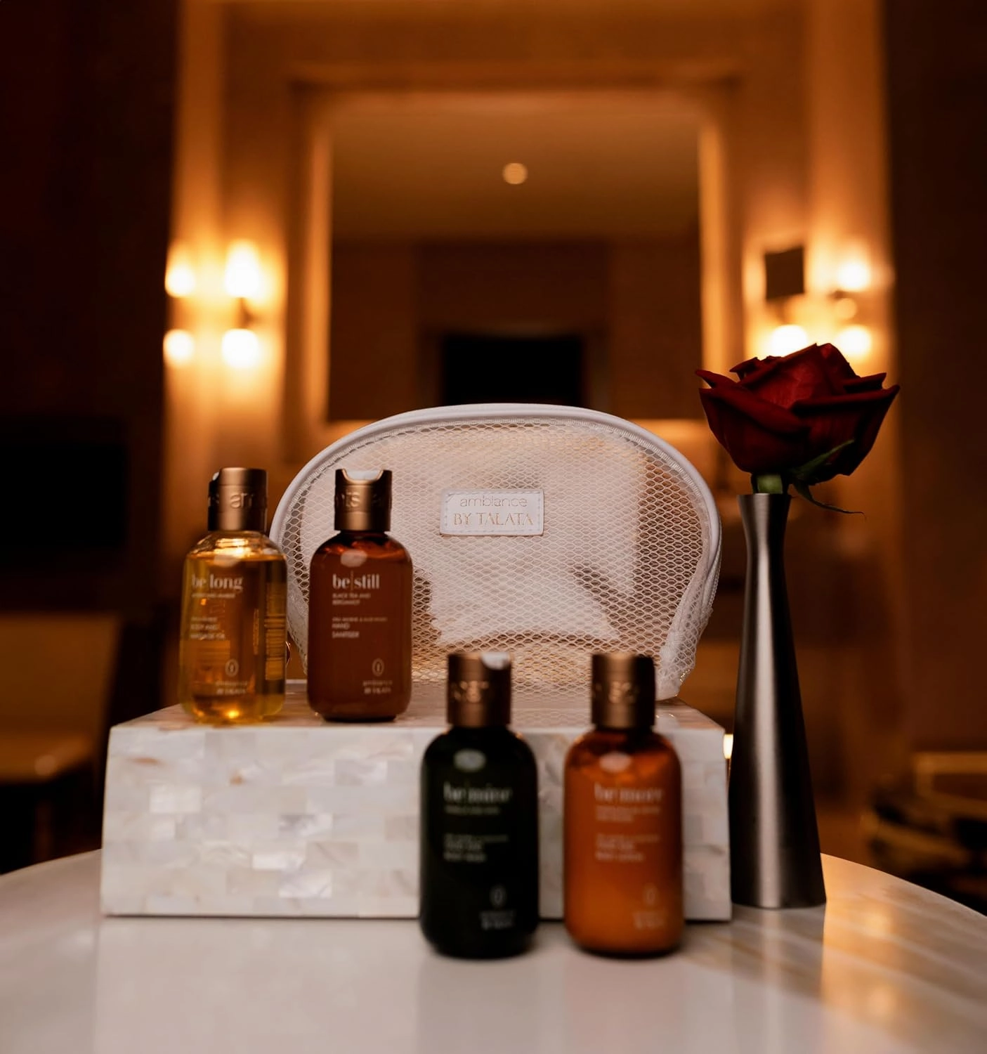 4pc Travel Essentials & Discovery Set - Body Lotion, Oil, Wash, Hand Sanitizing Gel - 4 x 80ml Bottles (2.67 Fl Oz, Vanilla & Shea | BE MINE)