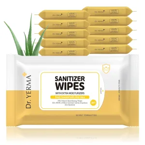 70% Alcohol Hand Sanitizer Wipes with Aloe Vera & Extra Moisturizers, 10 Packs of 20 (200 wipes) Travel Size, Vegan Fresh Scented, Eliminates 99.9% of Germs