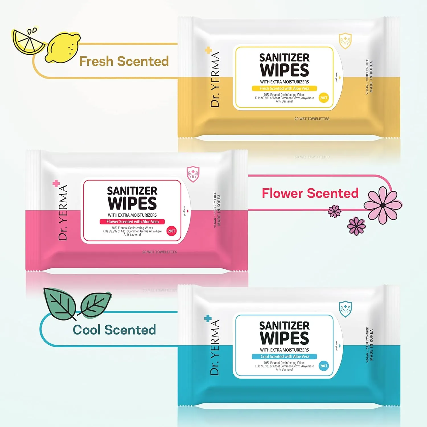70% Alcohol Hand Sanitizer Wipes with Aloe Vera & Extra Moisturizers, 10 Packs of 20 (200 wipes) Travel Size, Vegan Fresh Scented, Eliminates 99.9% of Germs