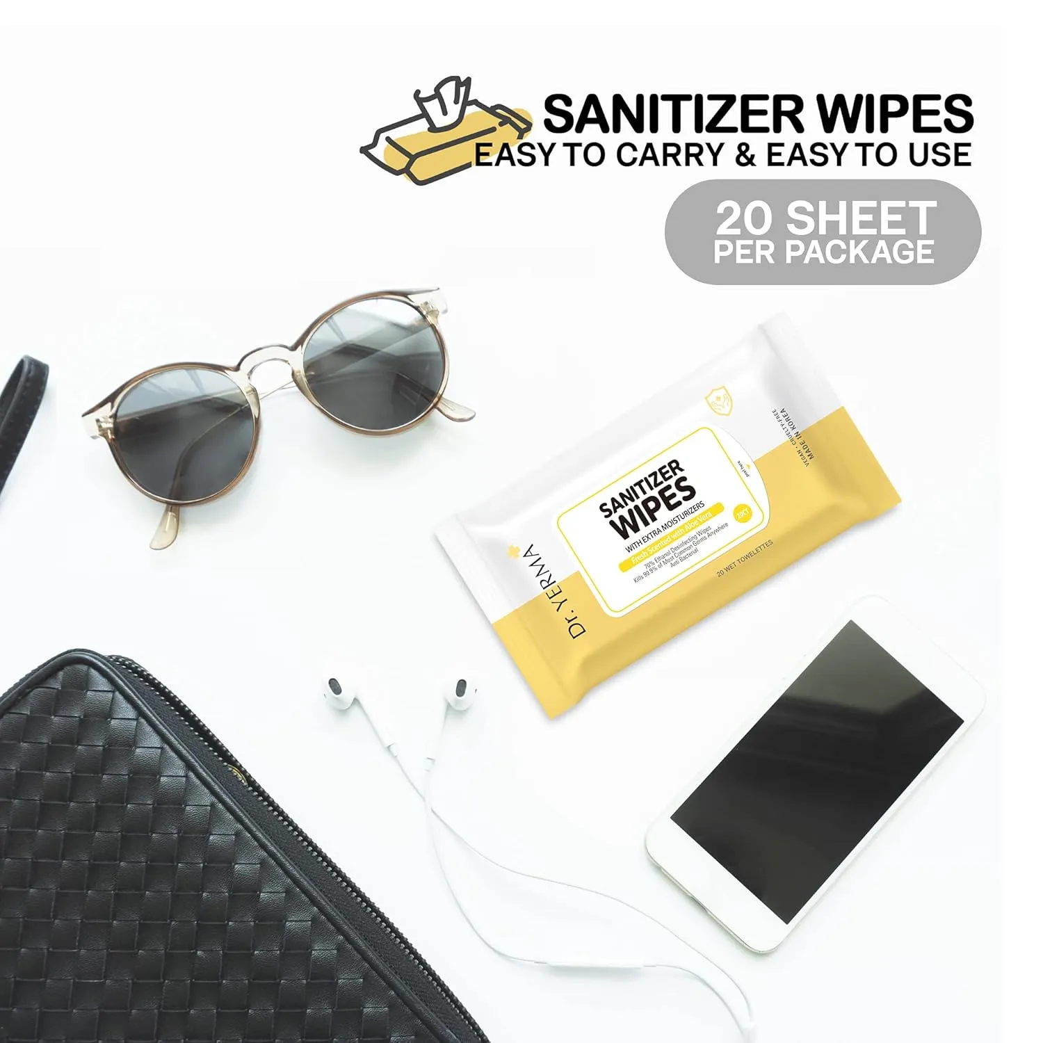 70% Alcohol Hand Sanitizer Wipes with Aloe Vera & Extra Moisturizers, 10 Packs of 20 (200 wipes) Travel Size, Vegan Fresh Scented, Eliminates 99.9% of Germs