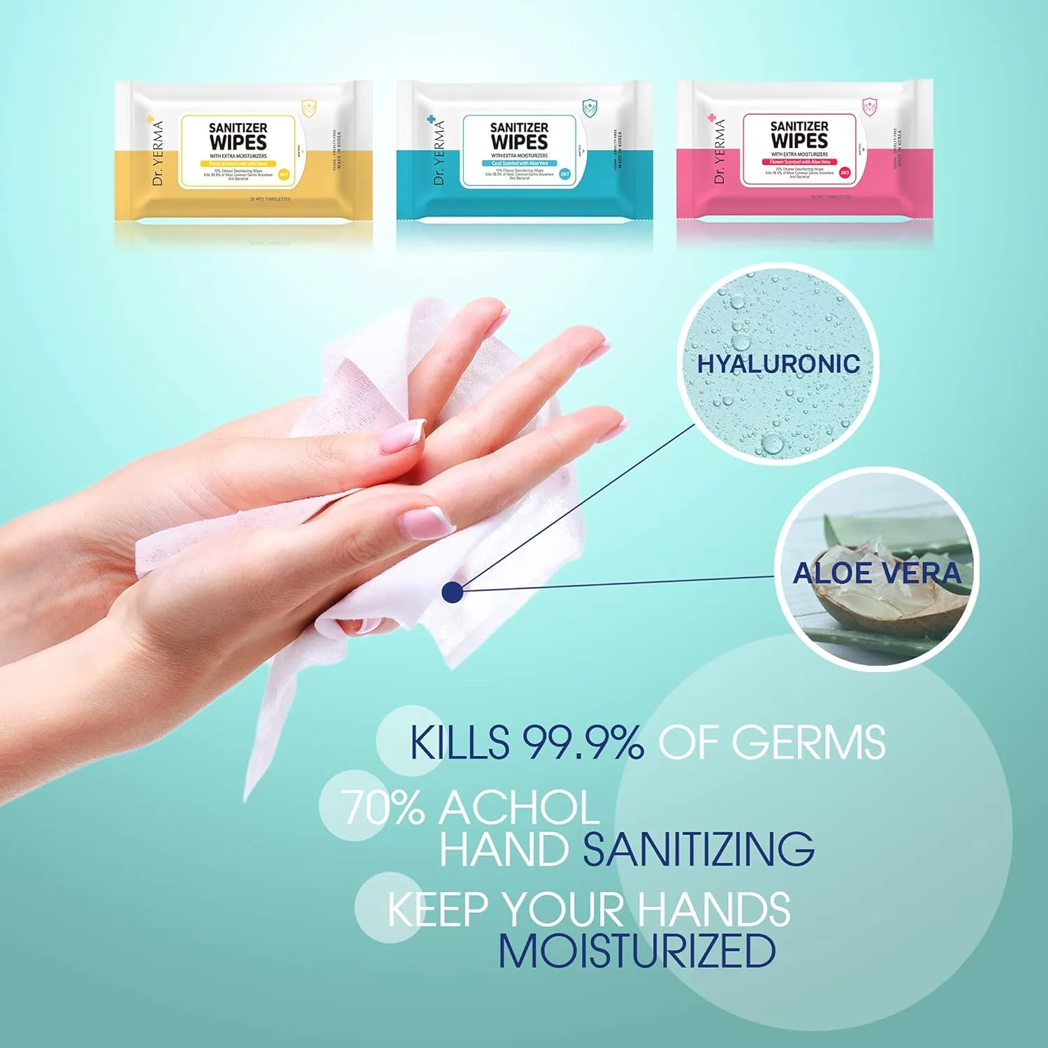 70% Alcohol Hand Sanitizer Wipes with Aloe Vera & Extra Moisturizers, 10 Packs of 20 (200 wipes) Travel Size, Vegan Fresh Scented, Eliminates 99.9% of Germs