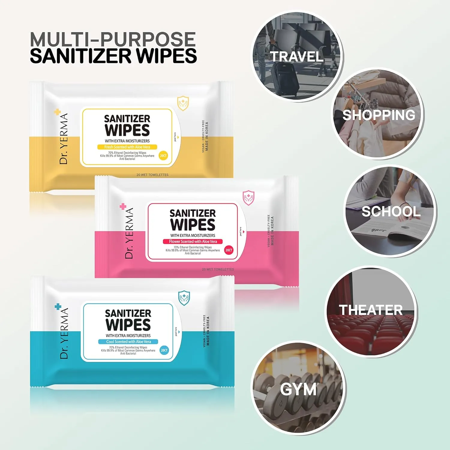70% Alcohol Hand Sanitizer Wipes with Aloe Vera & Extra Moisturizers, 10 Packs of 20 (200 wipes) Travel Size, Vegan Fresh Scented, Eliminates 99.9% of Germs