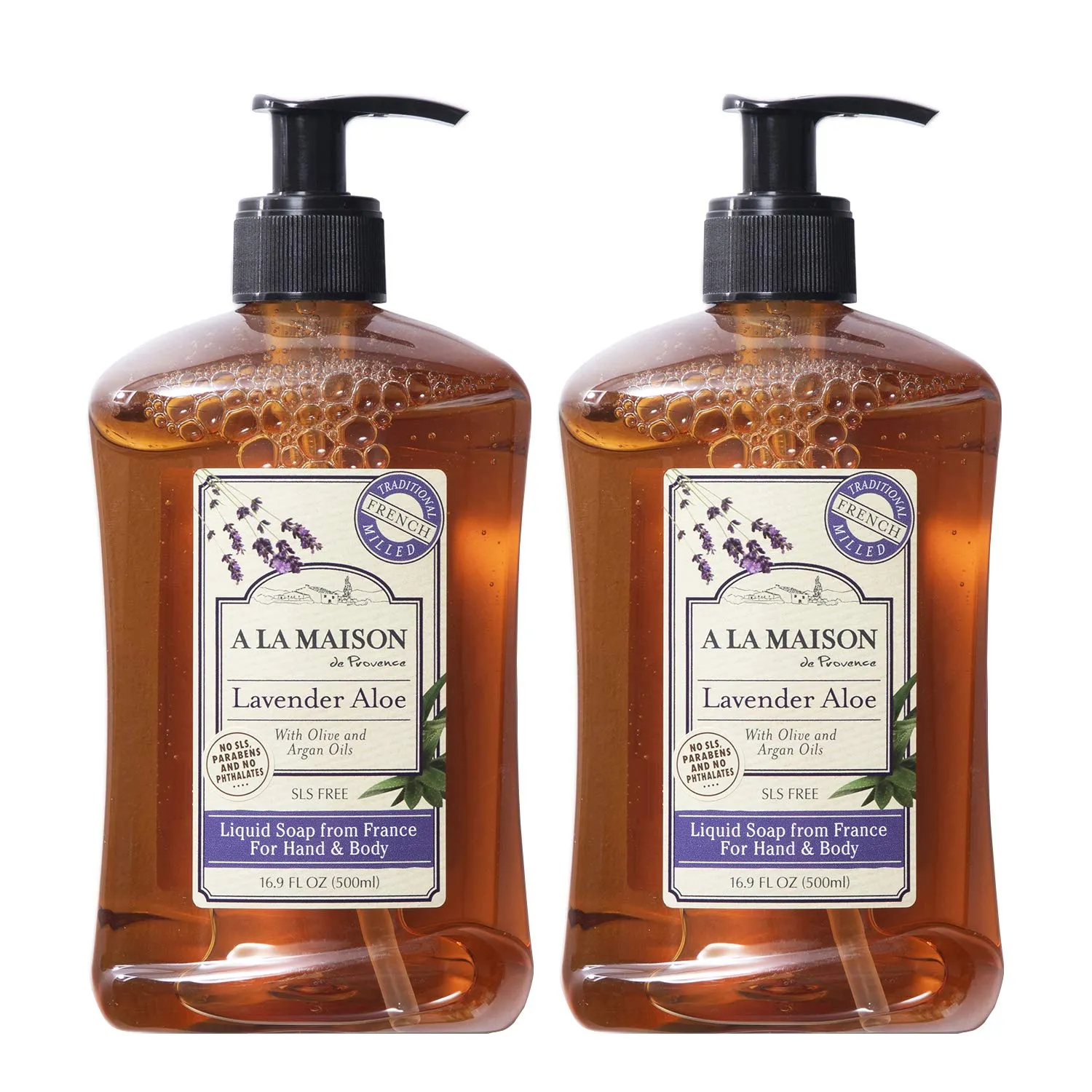 A LA MAISON de Provence Lavender Aloe Liquid Hand and Body Soap (Pack of 2) With Argan Oil, Olive Oil and Vitamin E, 16.9 fl oz Each