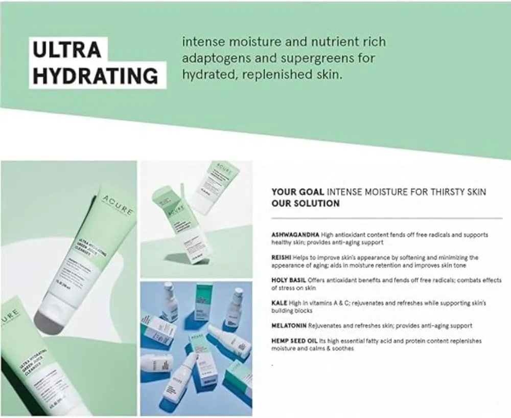 Acure Ultra Hydrating Facial Gel Cream, 100% Vegan, Intensely Moisturizing with Watermelon Seed Extract & Hyaluronic Acid, White
