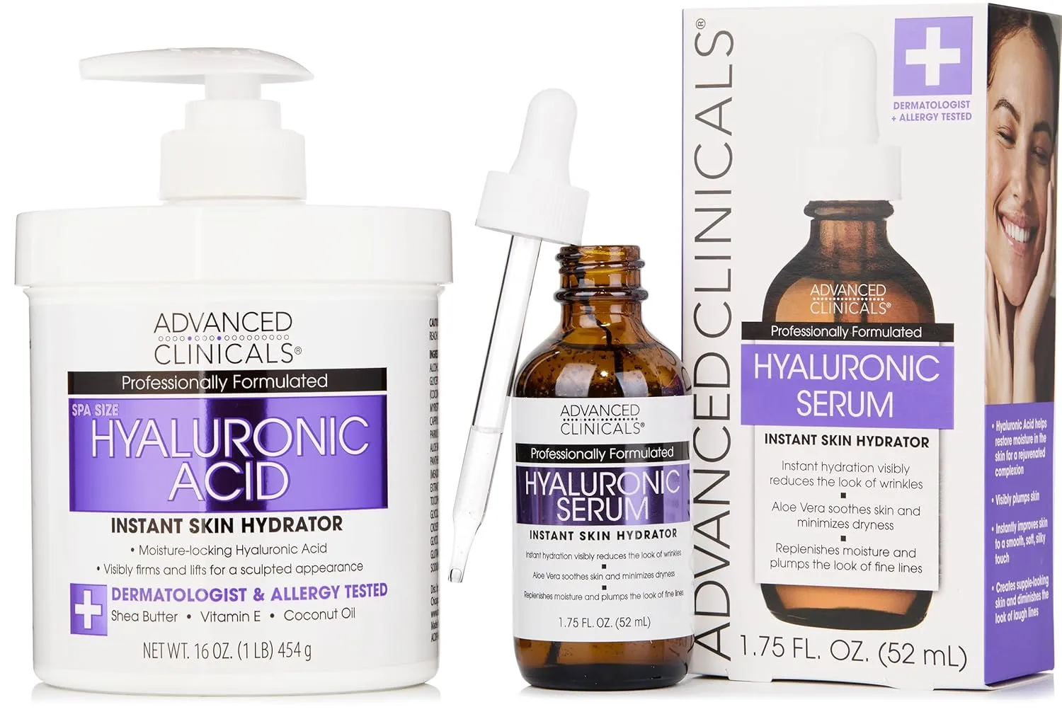Advanced Clinicals Hyaluronic Acid Moisturizer Body Cream   Hyaluronic Acid Serum 2PC Skin Care Set | Face Serum & Body Lotion Help Diminish Appearance Of Wrinkles, Fine Lines, & Dry Skin, 2PC Bundle