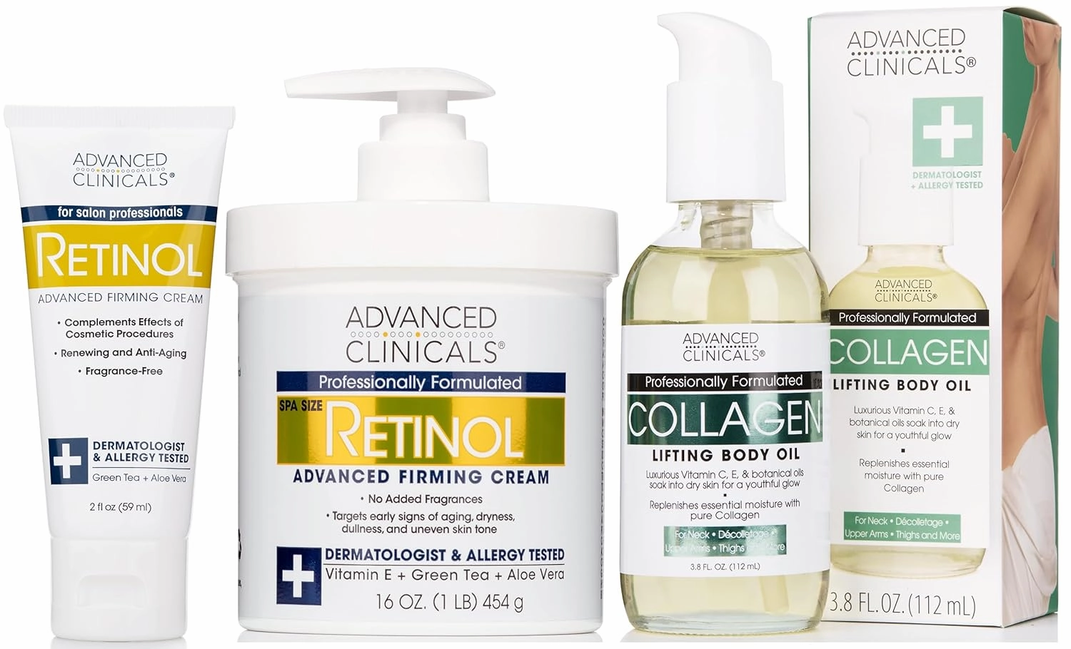 Advanced Clinicals Retinol Firming Cream   Retinol Travel Size Firming Cream   Collagen Lifting Body Oil Set