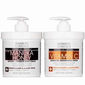 Advanced Clinicals Vitamin C Brightening Cream   Manuka Honey Body Lotion & Face Moisturizer 2pc Skincare Set For Women & Men | Body Butter Creams Help Reduce Appearance Of Dark Spots & Dry Skin, 2pc
