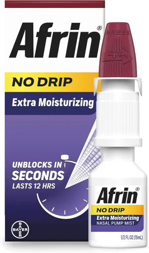 Afrin No Drip Extra Moisturizing Nasal Mist Twin Pack, Non-Drowsy, Fast-Acting Decongestant for Sinus Pressure and Dry Nasal Passages, Adults and Children 6 and Older, .5 fl oz (Pack of 2)
