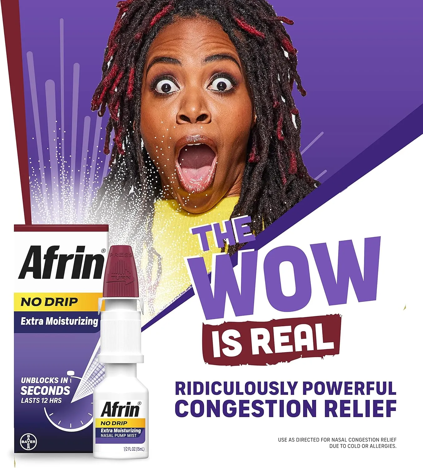 Afrin No Drip Extra Moisturizing Nasal Mist Twin Pack, Non-Drowsy, Fast-Acting Decongestant for Sinus Pressure and Dry Nasal Passages, Adults and Children 6 and Older, .5 fl oz (Pack of 2)