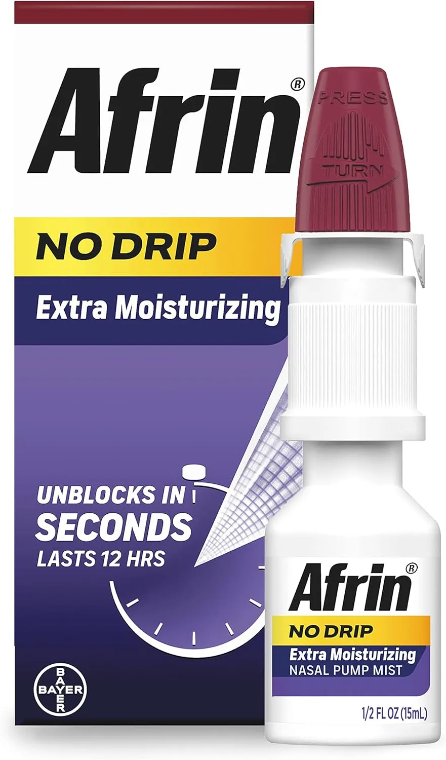 Afrin No Drip Extra Moisturizing Nasal Mist Twin Pack, Non-Drowsy, Fast-Acting Decongestant for Sinus Pressure and Dry Nasal Passages, Adults and Children 6 and Older, .5 fl oz (Pack of 2)