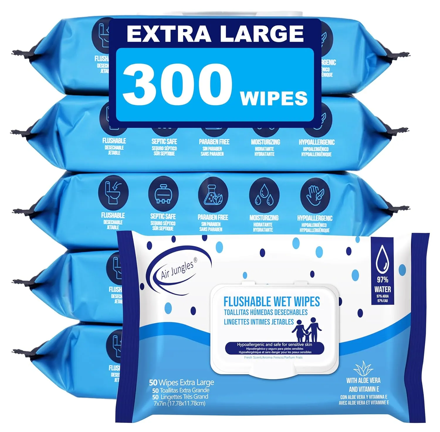 Air Jungles Flushable Wipes 6 Pack, 300 Wipes, Extra Large 7"x7", Gentle Cleansing Adult Wet Wipes, Fresh Scent, Moisturizing with Aloe Vera & Vitamin E