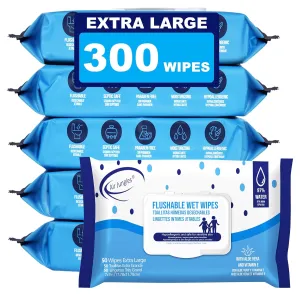 Air Jungles Flushable Wipes 6 Pack, 300 Wipes, Extra Large 7"x7", Gentle Cleansing Adult Wet Wipes, Fresh Scent, Moisturizing with Aloe Vera & Vitamin E