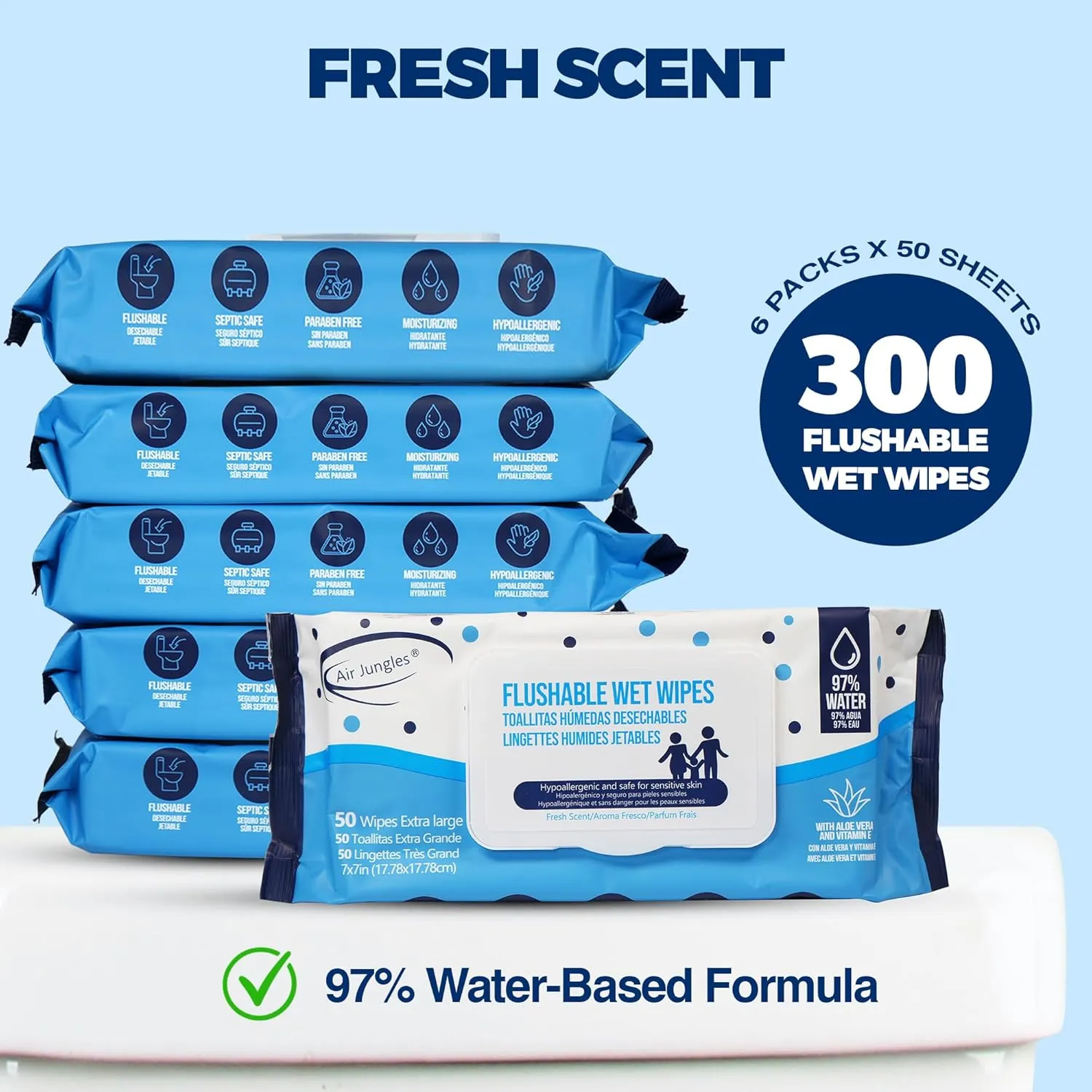 Air Jungles Flushable Wipes 6 Pack, 300 Wipes, Extra Large 7"x7", Gentle Cleansing Adult Wet Wipes, Fresh Scent, Moisturizing with Aloe Vera & Vitamin E