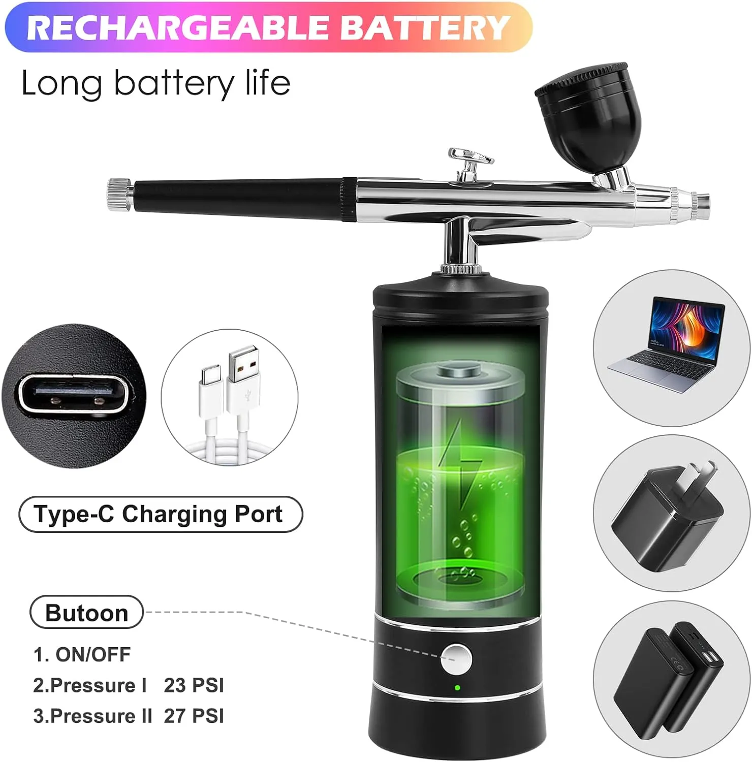 Airbrush Kit with Compressor, Air Brush Gun Rechargeable Portable High Pressure Air Brushes with 0.3mm Nozzle and Cleaning Brush Set for Painting, Tattoos, Nail, Makeup, Art, Cake Decorating (Black)