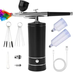 Airbrush Kit with Compressor, Air Brush Gun Rechargeable Portable High Pressure Air Brushes with 0.3mm Nozzle and Cleaning Brush Set for Painting, Tattoos, Nail, Makeup, Art, Cake Decorating (Black)