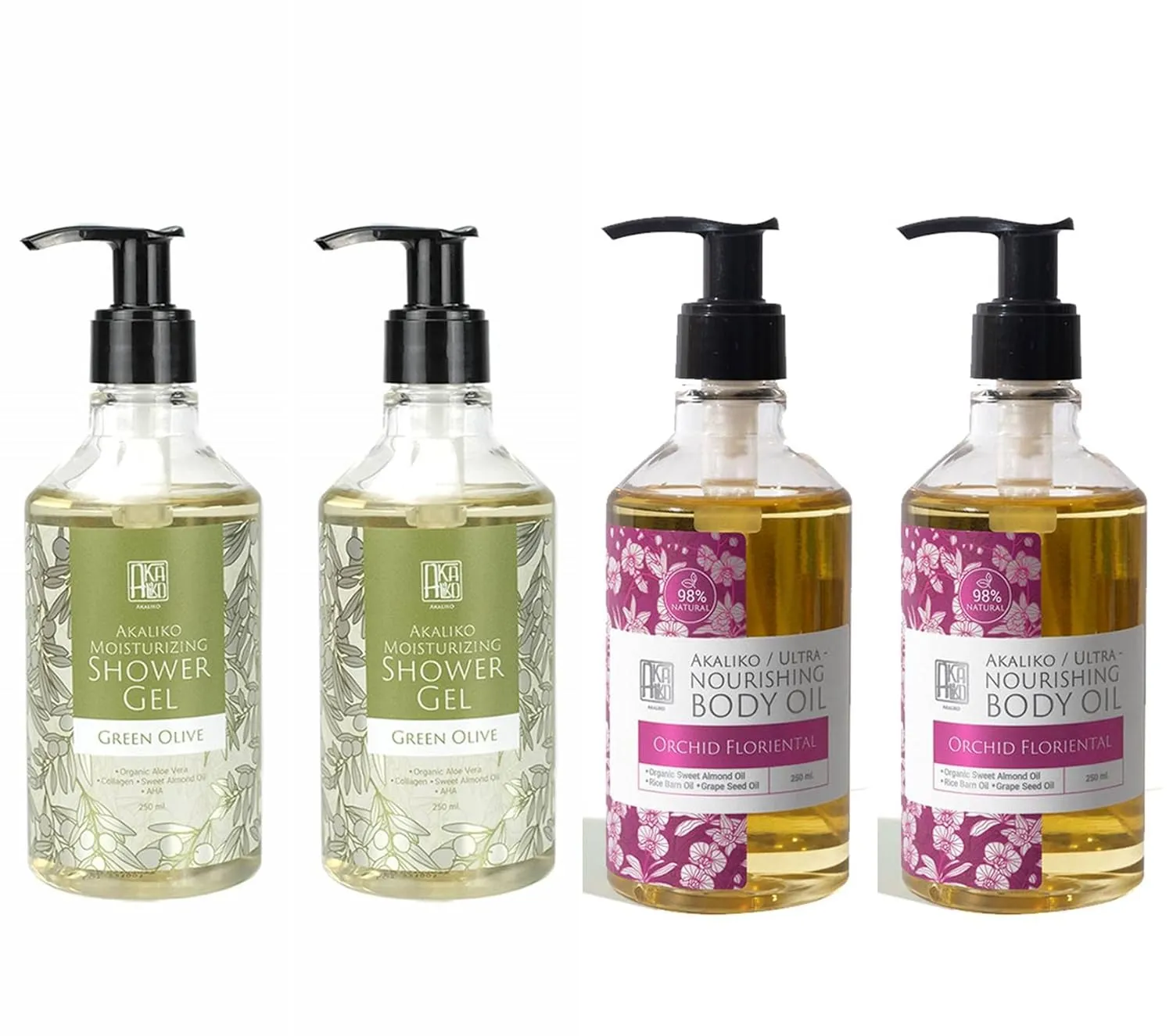 AKALIKO Green Olive Moisturizing Shower Gel and Orchid Body Oil Set.