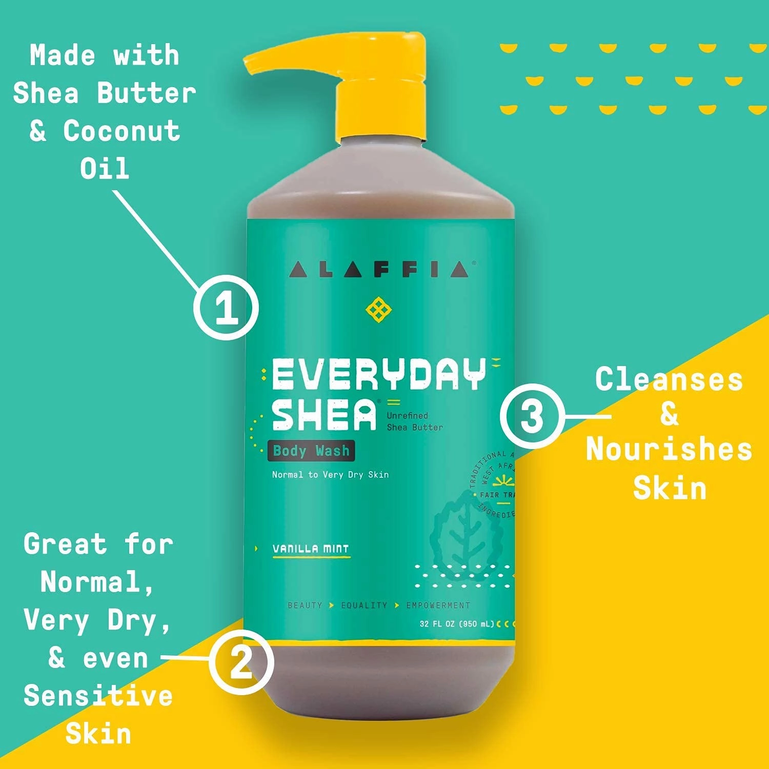 Alaffia Everyday Shea Body Wash, Naturally Helps Moisturize and Cleanse Without Stripping Natural Oils with Fair Trade Shea Butter, Neem, and Coconut Oil, Vanilla Mint, 2 Pack - 16 Fl Oz Ea