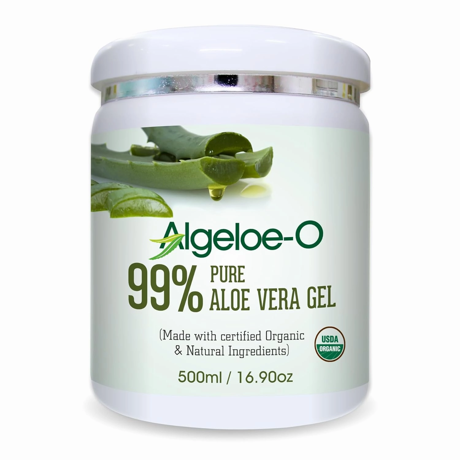ALGELOE-O Organic Aloe Vera Gel 99% Pure Natural made with USDA Certified Aloe Vera Powder Paraben, sulfate free with no added color 500ml/16.9oz.