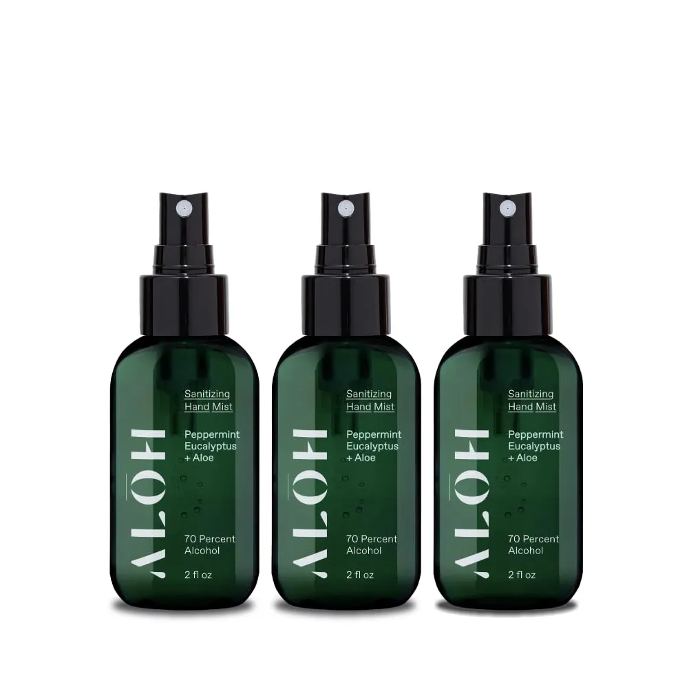 ALŌH Sanitizing Hand Mist 3-pack | Peppermint Eucalyptus   Aloe | 70% Alcohol Hydrating Hand Sanitizer Spray with Essential Oil, for Kids & Adults | 2oz Travel Size Bottle (Set of 3)