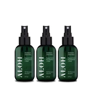 ALŌH Sanitizing Hand Mist 3-pack | Peppermint Eucalyptus   Aloe | 70% Alcohol Hydrating Hand Sanitizer Spray with Essential Oil, for Kids & Adults | 2oz Travel Size Bottle (Set of 3)
