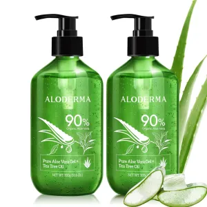 Aloderma Aloe Vera Gel   Tea Tree Oil, Made with Refreshing Organic Aloe for After Sun Skin Care, Multipurpose Use for Hair and Scalp, and Face or as a Shaving Gel or Aftershave - 10.6Oz x 2btls