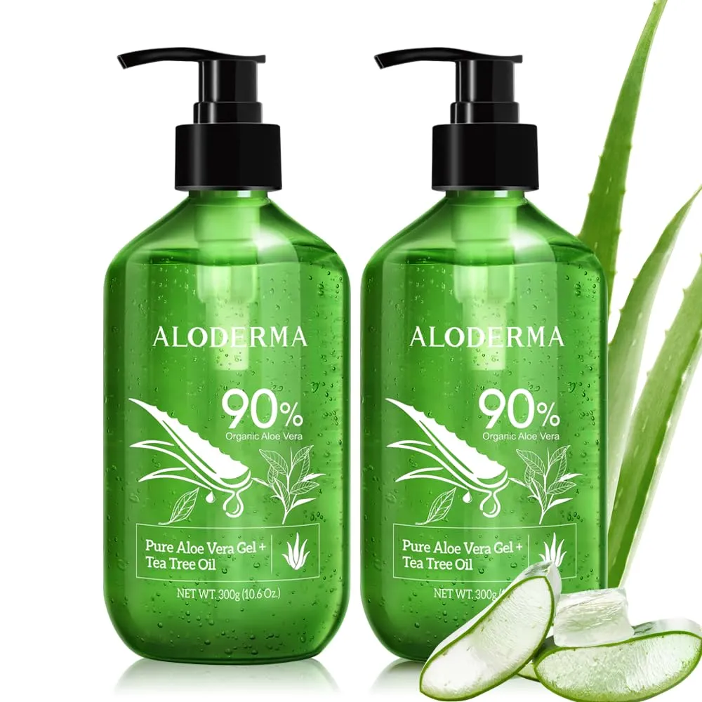 Aloderma Aloe Vera Gel   Tea Tree Oil, Made with Refreshing Organic Aloe for After Sun Skin Care, Multipurpose Use for Hair and Scalp, and Face or as a Shaving Gel or Aftershave - 10.6Oz x 2btls
