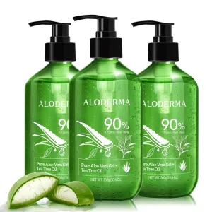 Aloderma Aloe Vera Gel   Tea Tree Oil, Made with Refreshing Organic Aloe for After Sun Skin Care, Multipurpose Use for Hair and Scalp, and Face or as a Shaving Gel or Aftershave - 10.6Oz x 3btls