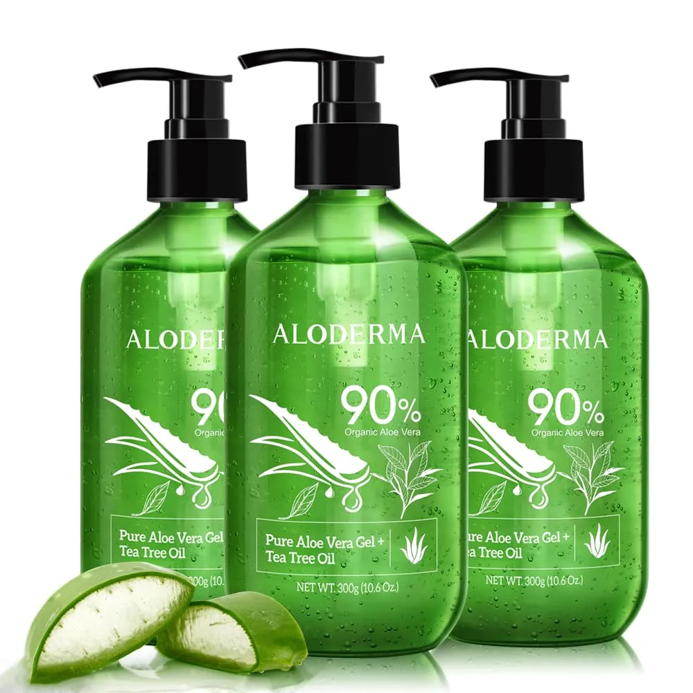 Aloderma Aloe Vera Gel   Tea Tree Oil, Made with Refreshing Organic Aloe for After Sun Skin Care, Multipurpose Use for Hair and Scalp, and Face or as a Shaving Gel or Aftershave - 10.6Oz x 3btls