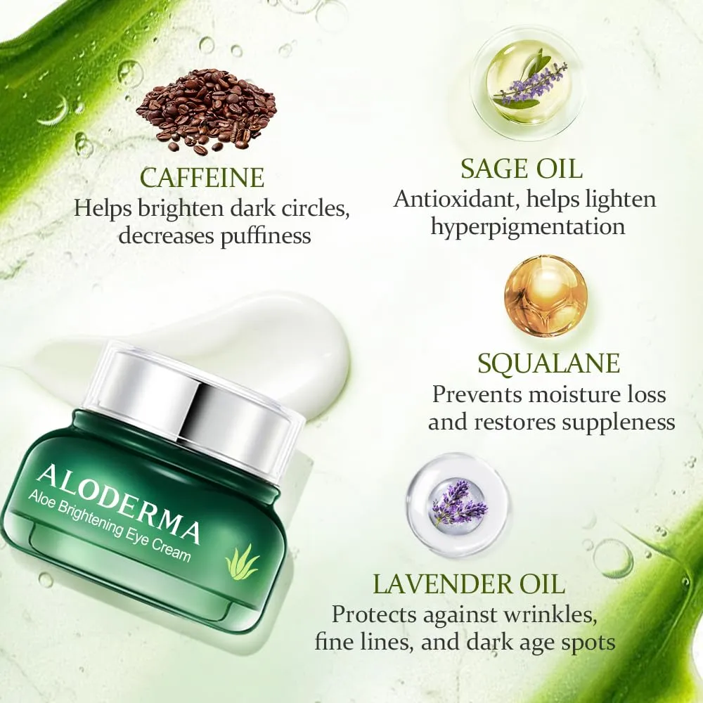 Aloderma Brightening Eye Cream with Organic Aloe Vera - Hydrating Effect for Dark Circles & Puffiness with Caffeine & Sage Oil - Day & Night Eye Care Cream for Puffy Eyes & Fine Lines, 25g/0.9oz
