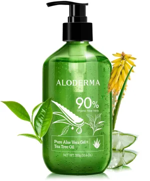 Aloderma Organic Aloe Vera Gel for Skin   Tea Tree Oil, Made within 12 Hours of Harvest, Soothing Pure Aloe Vera Gel for Face, Works Great for Oily Skin, Dry Scalp, Aftershave, Natural Aloe - 10.6 Oz
