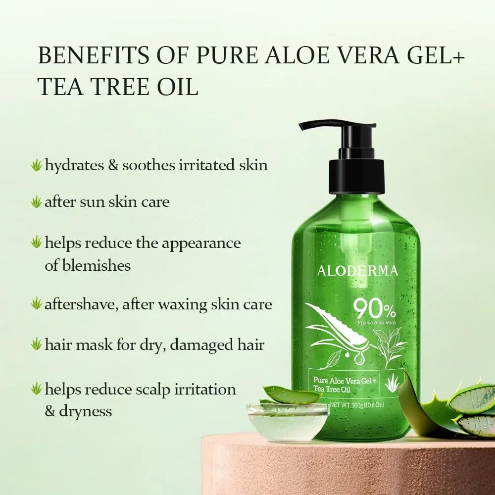 Aloderma Organic Aloe Vera Gel for Skin   Tea Tree Oil, Made within 12 Hours of Harvest, Soothing Pure Aloe Vera Gel for Face, Works Great for Oily Skin, Dry Scalp, Aftershave, Natural Aloe - 10.6 Oz